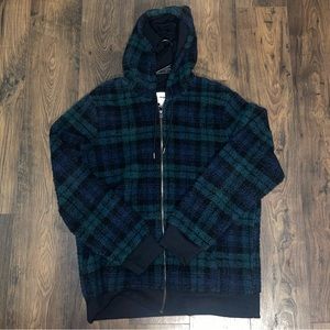 Full Zip Men’s Hooded Fleece Jacket XL Tall blue and green plaid